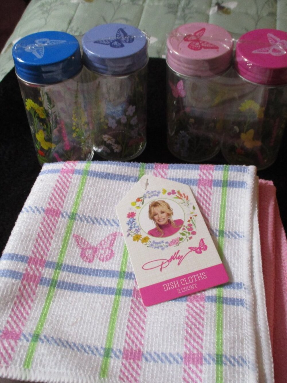 Lot of DG Dolly Parton Butterfly Dish Cloths & Glass Spice Shakers NWT